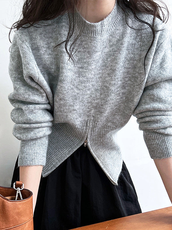 Urban Coffee Mock Neck Zipper Slit Hem Long Sleeve Sweater Qx004