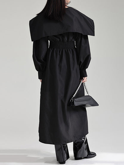 High Waisted Long Sleeves Asymmetric Belted Pleated Color Lapel Midi Dresses