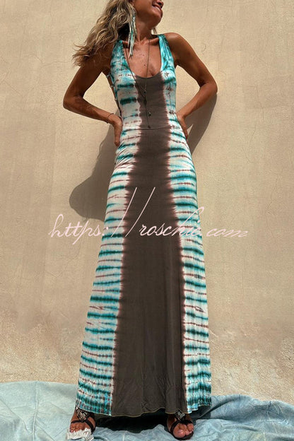 Nil Tie-dye Print Back Lace-up Stretch Maxi Dress