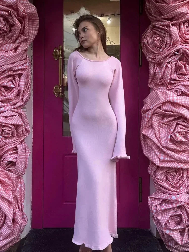 Knitted Backless Long Dress for Ruffled Lace Up High Waist Maxi Dresses Femme Party Bandage Dress