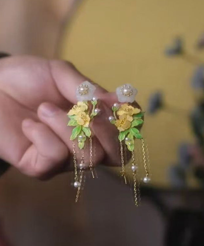 Gold Sterling Silver Overgild Jade Tassel Drop Earrings