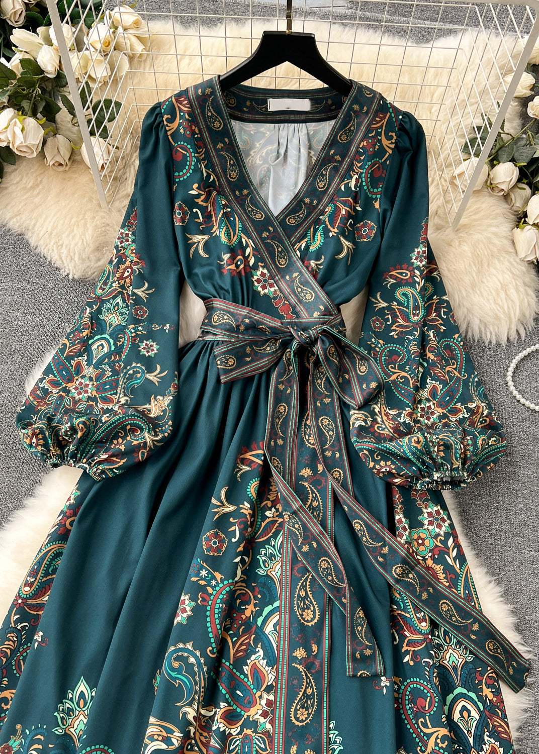 Retro Blackish Green Print Tie Waist Cotton Long Dress Fall