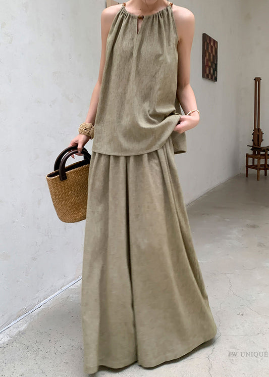 French Green Tops and Pants Linen Two Pieces Set Sleeveless Ee037