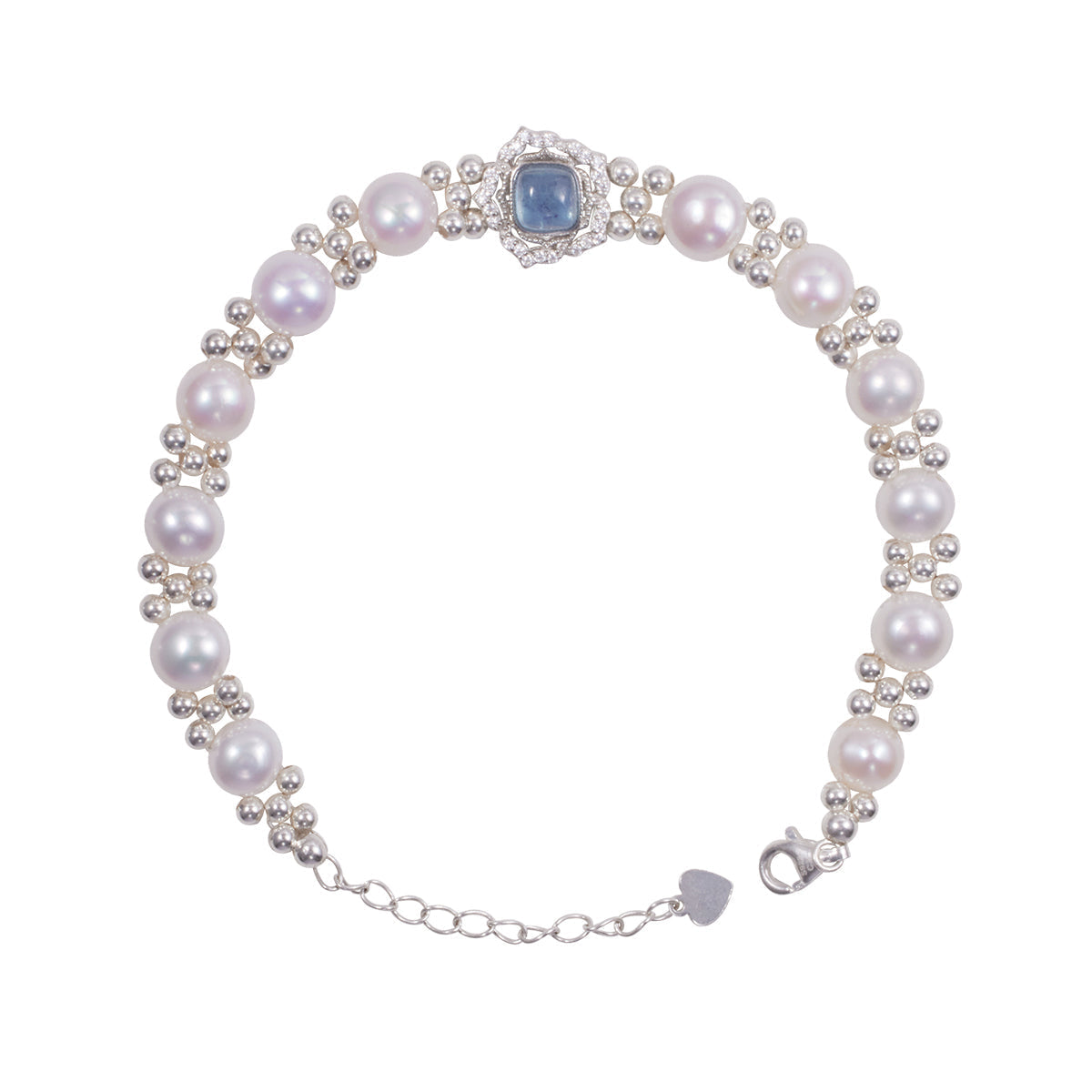Modern Blue Sterling Silver Overgild Inlaidgem Stone Pearl Chain Bracelet