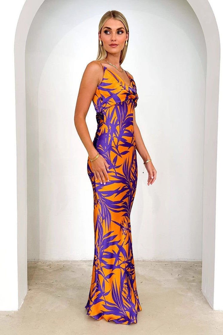 Purple Print V-neck Slim Maxi Dress
