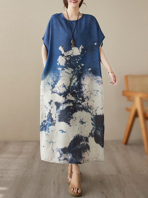 Loose Short Sleeves Printed Round-neck Maxi Dresses