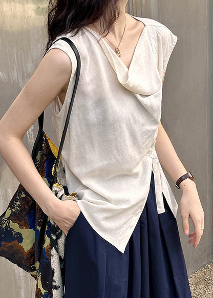 Beige Cotton Blouse Tops Turtle Neck Sleeveless Af1044