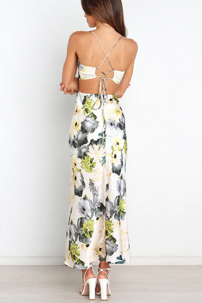 Garden Party Satin Cut Out Back Lace-up Maxi Dress