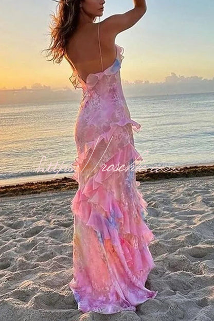 Multicolor Tie-dye Backless Wave-hem Strap Maxi Dress