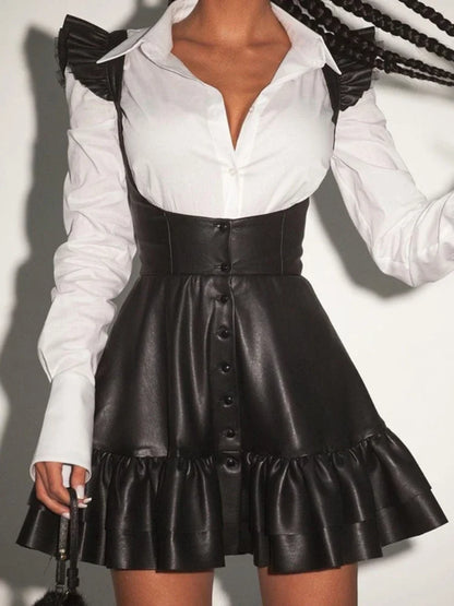 Splice Pu Mini Dress for Slim Woman Long Sleeve Shirts and Hollow Out Sundress 2 Piece Sets Outfits