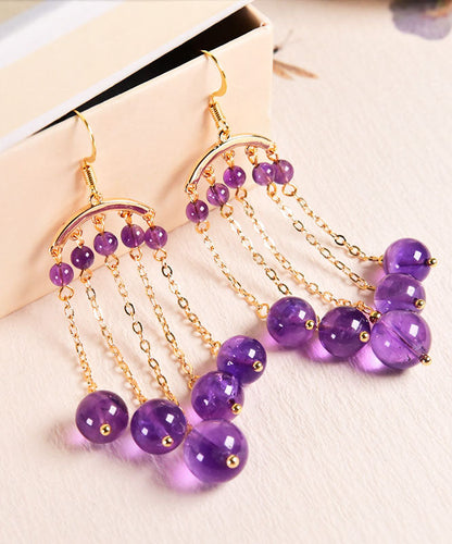 Purple 14k Gold Crystal Tassel Drop Earrings