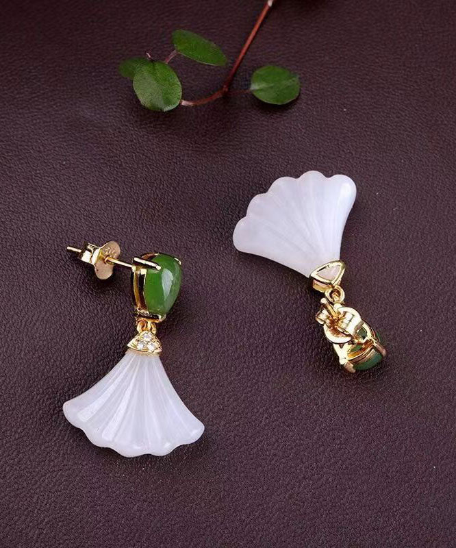 White Sterling Silver Inlaid Jade Fan Shaped Drop Earrings