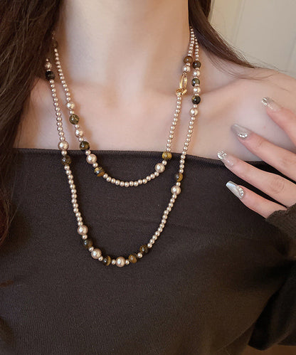 Gold Alloy Pearl Glass Tiger Eye Stone Pendant Necklace