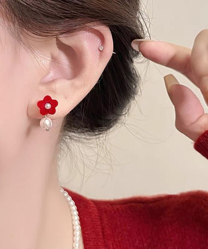 Art Red Silk Velvet Pearl Stud Earrings