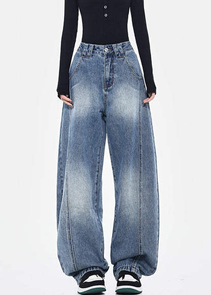 Pants Pockets High Spring Blue Patchwork Waist Denim