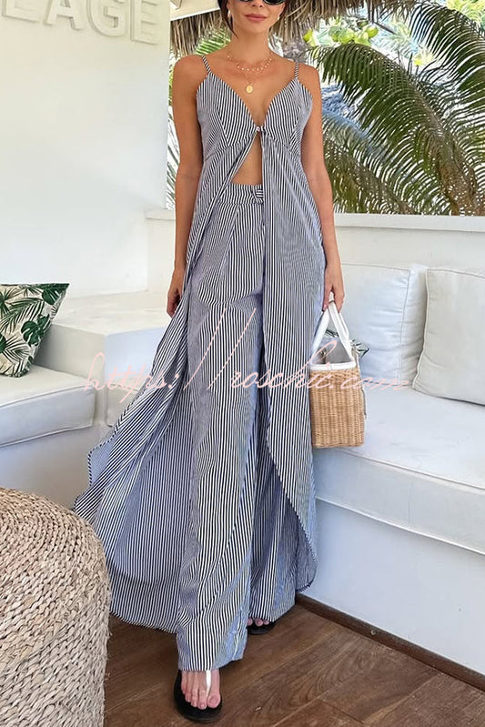 Striped Print Sleeveless Long Top and Loose Straight Pants Set