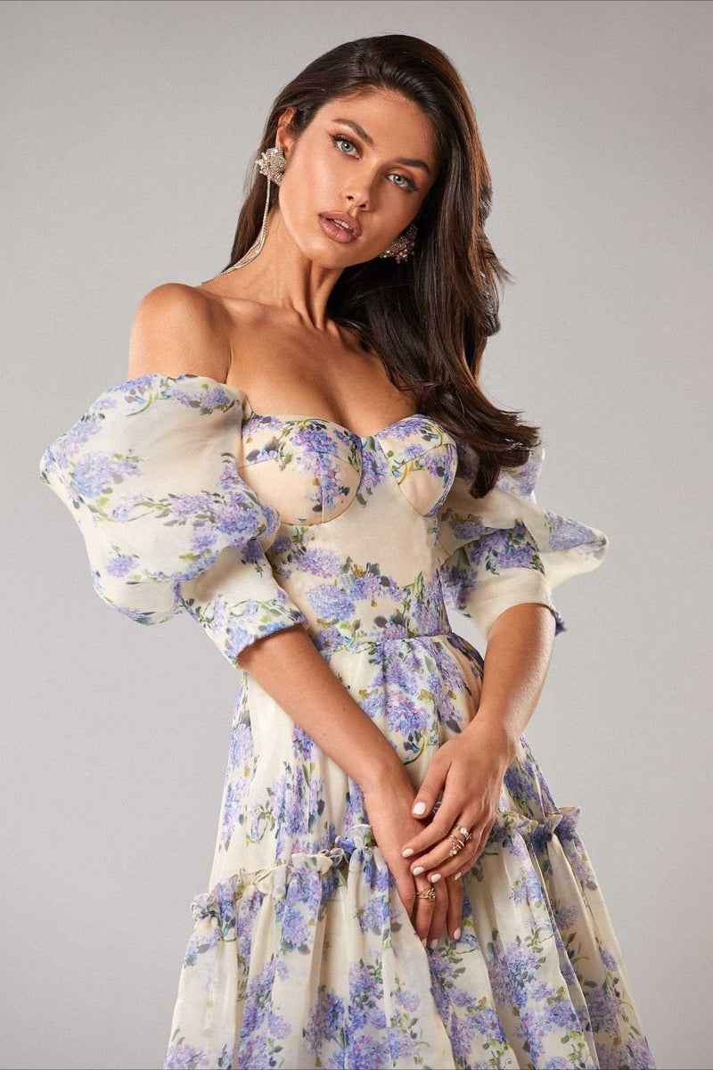 Print Off Shoulder Puff Sleeve Organza Maxi Dress