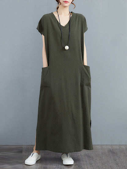Simple Ramie Cotton Color Split-side With Pocket V-neck Short Sleeves Maxi Dress