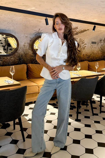 Tie Waist Puff Sleeve Slim Blouse