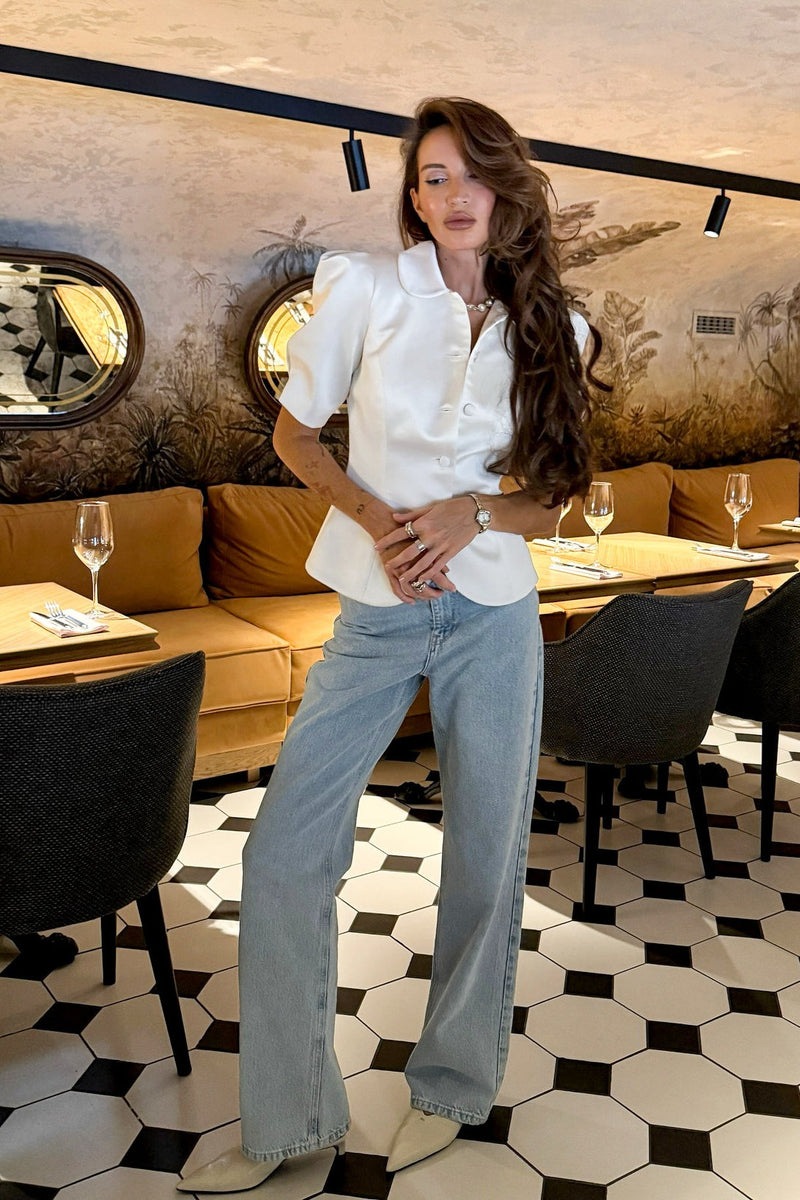 Tie Waist Puff Sleeve Slim Blouse