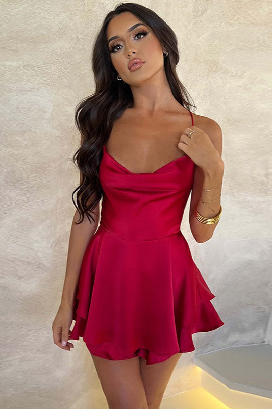 Cowl Neck Backless Tie Strap Mini Dress