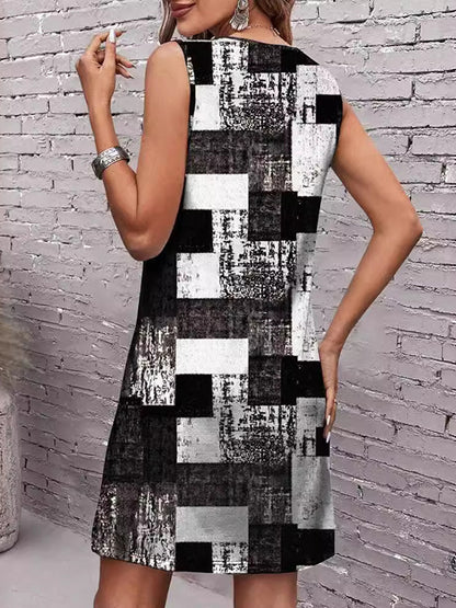 Sleeveless Plaid Round-neck Mini Dresses