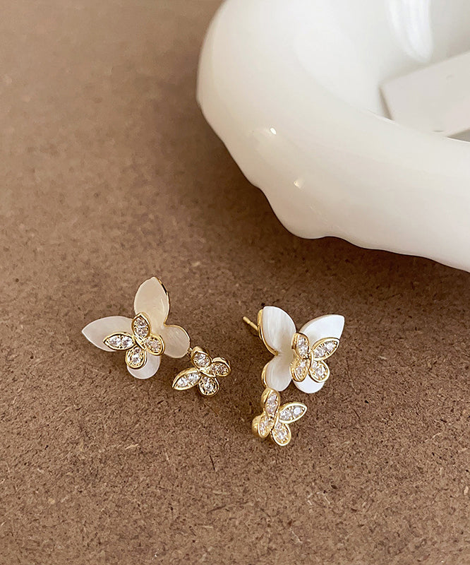 White Sterling Silver Overgild Zircon Butterfly Stud Earrings
