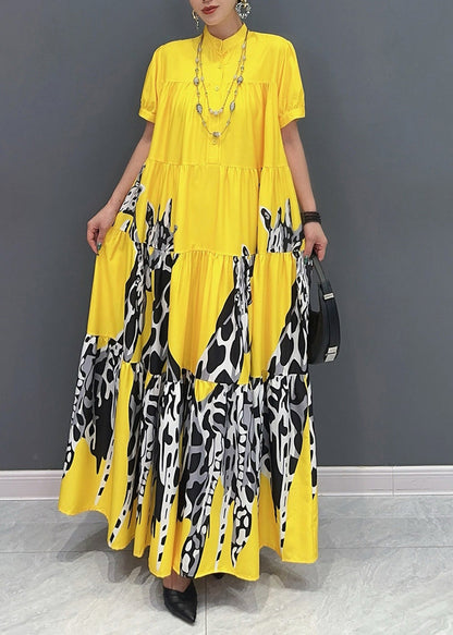 Modern Yellow Print Patchwork Long Dresses Summer Ao1051