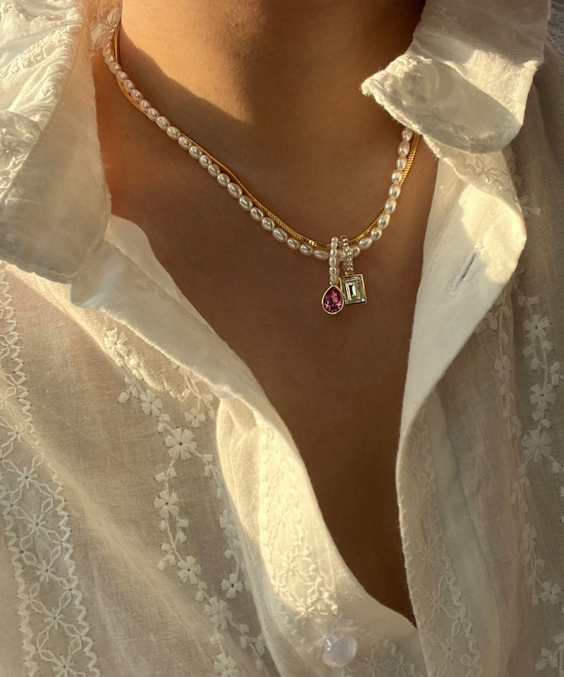Art White White Zircon Crystal and Pink Water Drop Pendant Necklace