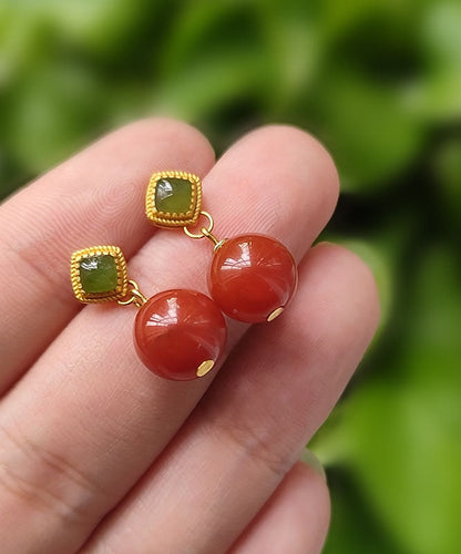 Red Sterling Silver Overgild Inlaid Agate Drop Earrings