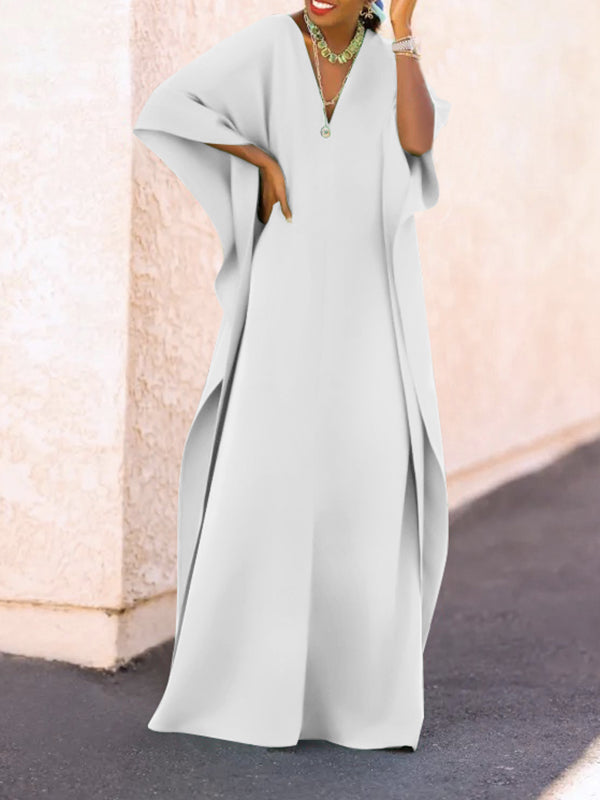 Batwing Sleeves Loose Color Split-side V-neck Maxi Dresses