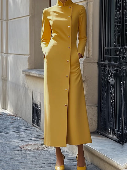 Long Sleeves Loose Buttoned Pockets Color Split-joint Stand Collar Maxi Dresses