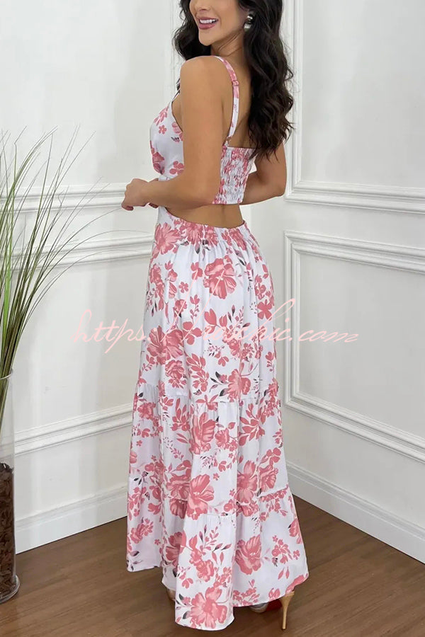 Charm Print Cutout Back Smocked Maxi Dress