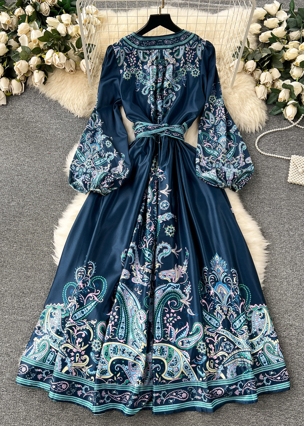Retro Blackish Green Print Tie Waist Cotton Long Dress Fall