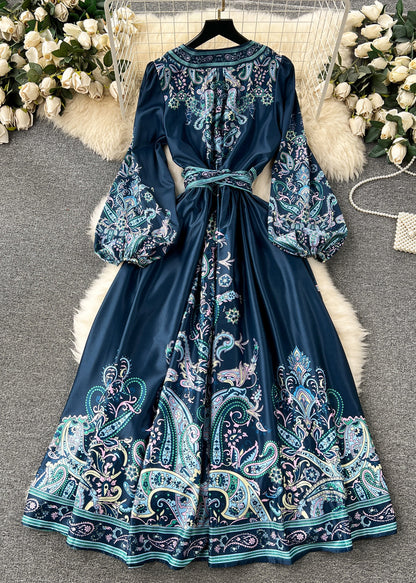 Retro Blackish Green Print Tie Waist Cotton Long Dress Fall