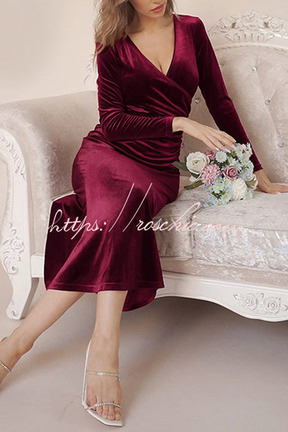 Color Velvet Long Sleeve V-neck Slim Fit Fishtail Maxi Dress