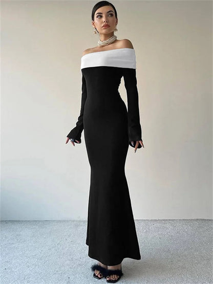 Off-shoulder Patchwork Slim Maxi Dress for Long Sleeve High Waist Backless Party Dress Female Autumn Outfit