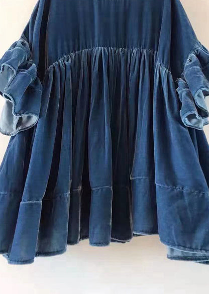 Blue Wrinkled Patchwork Velour Butterfly Sleeve Blouse