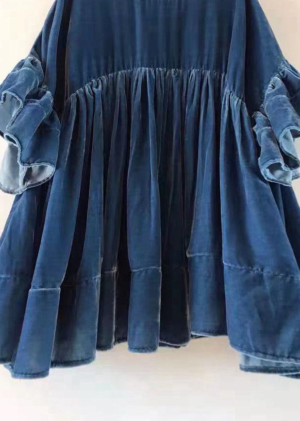 Blue Wrinkled Patchwork Velour Butterfly Sleeve Blouse