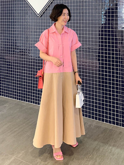 Split-joint Lapel Buttoned Short Sleeves Midi Dress