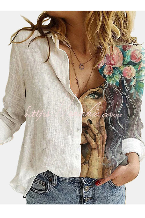 Figure Print Button Design Long Sleeve Blouse