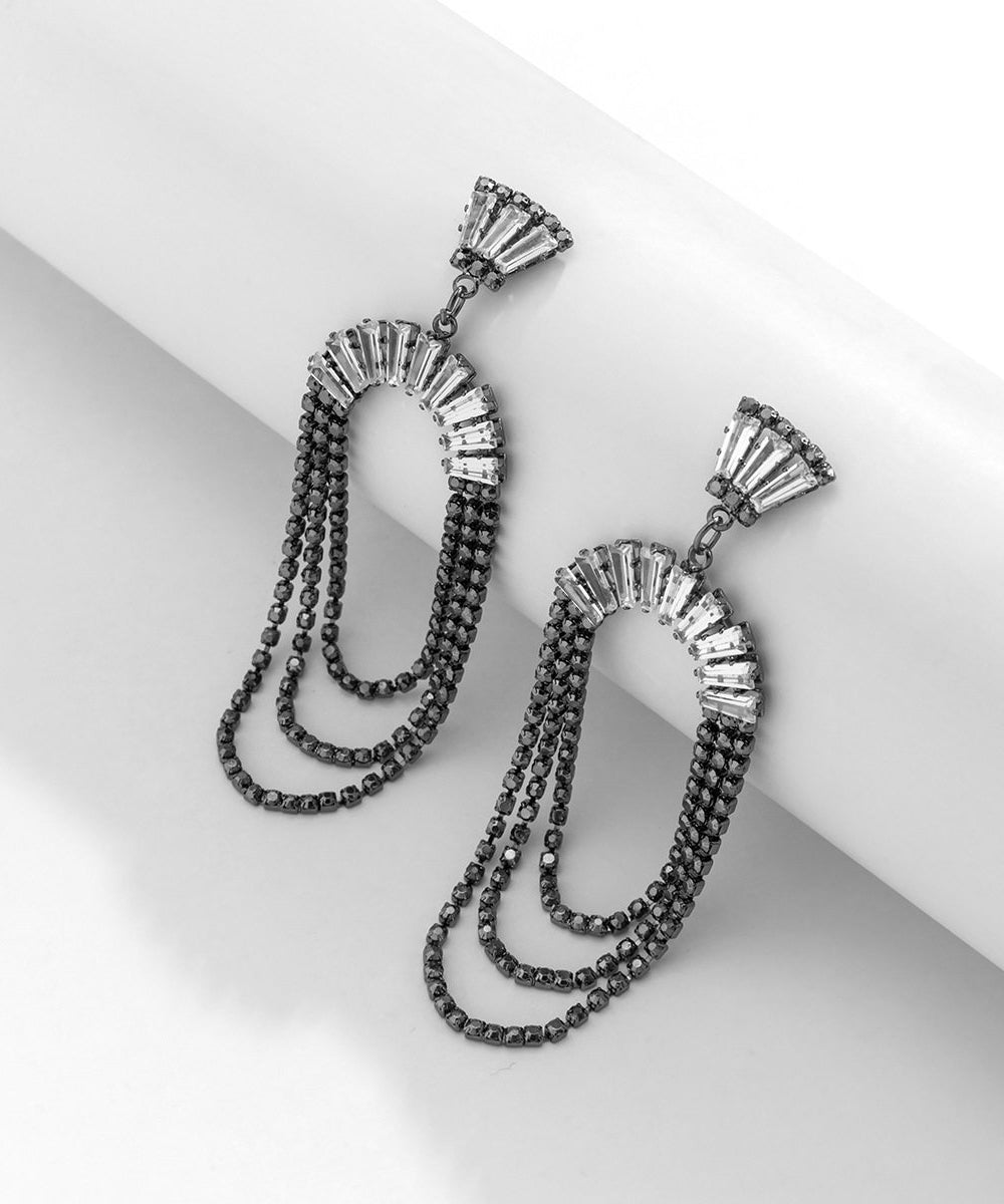 Black Alloy Zircon Sector Chain Drop Earrings