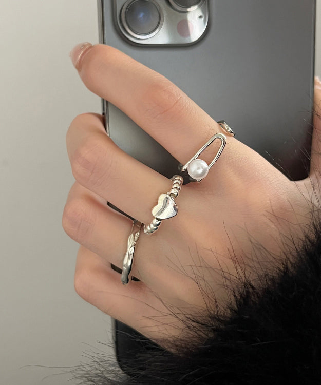 Silk Alloy Pearl Love Three Piece Set Rings