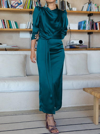 A-line High Waisted Pleated Color Split-front Mock Neck Maxi Dresses
