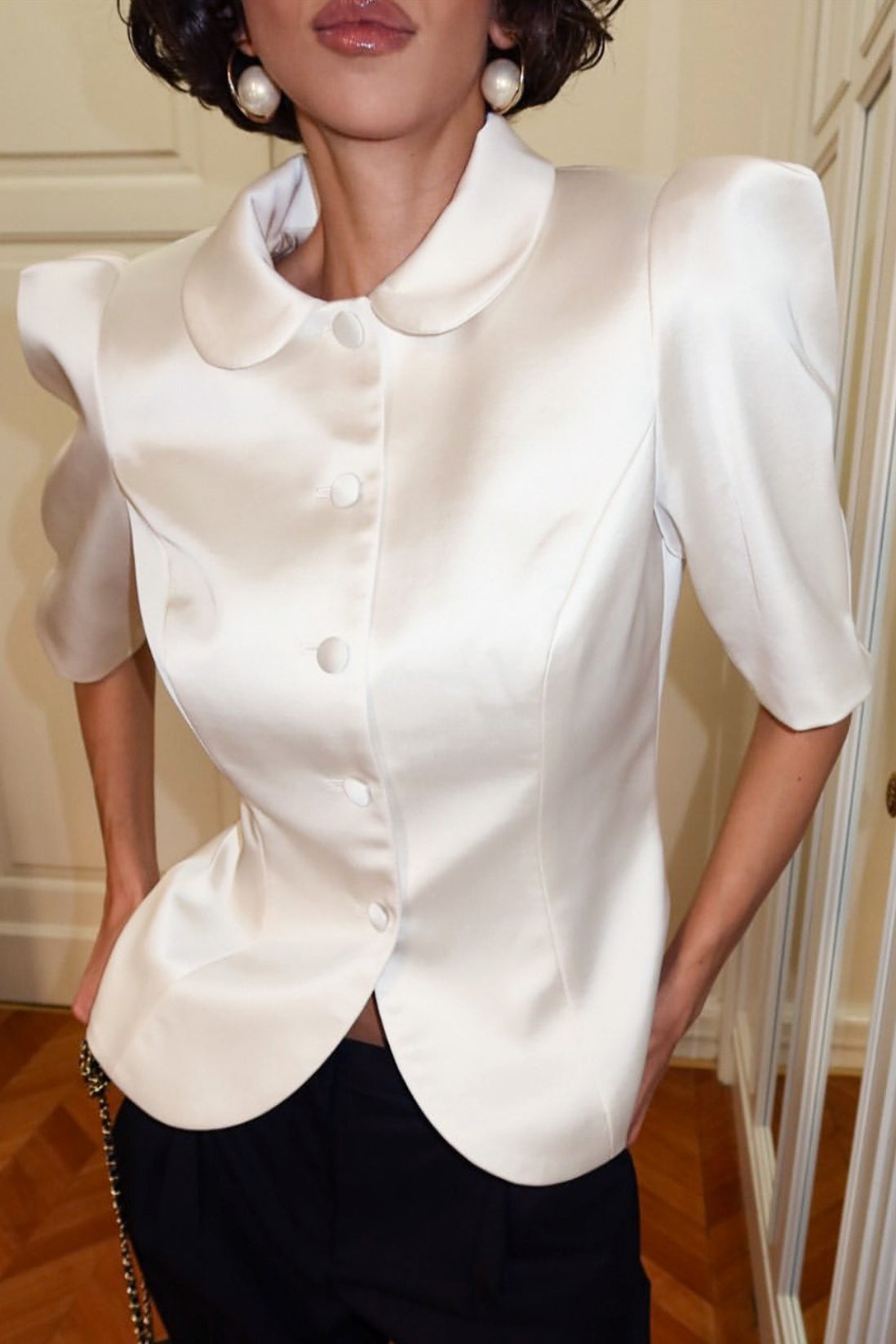 Tie Waist Puff Sleeve Slim Blouse