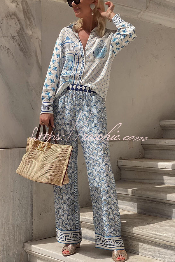 Stylized Dragon Satin Unique Print Long Sleeve Loose Shirt and Elastic Waist Pants Set