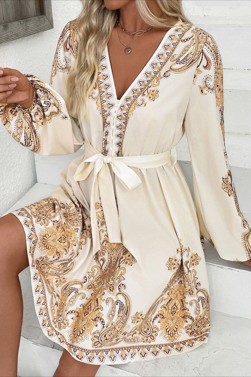 Paisley Print V Neck Mini Dress
