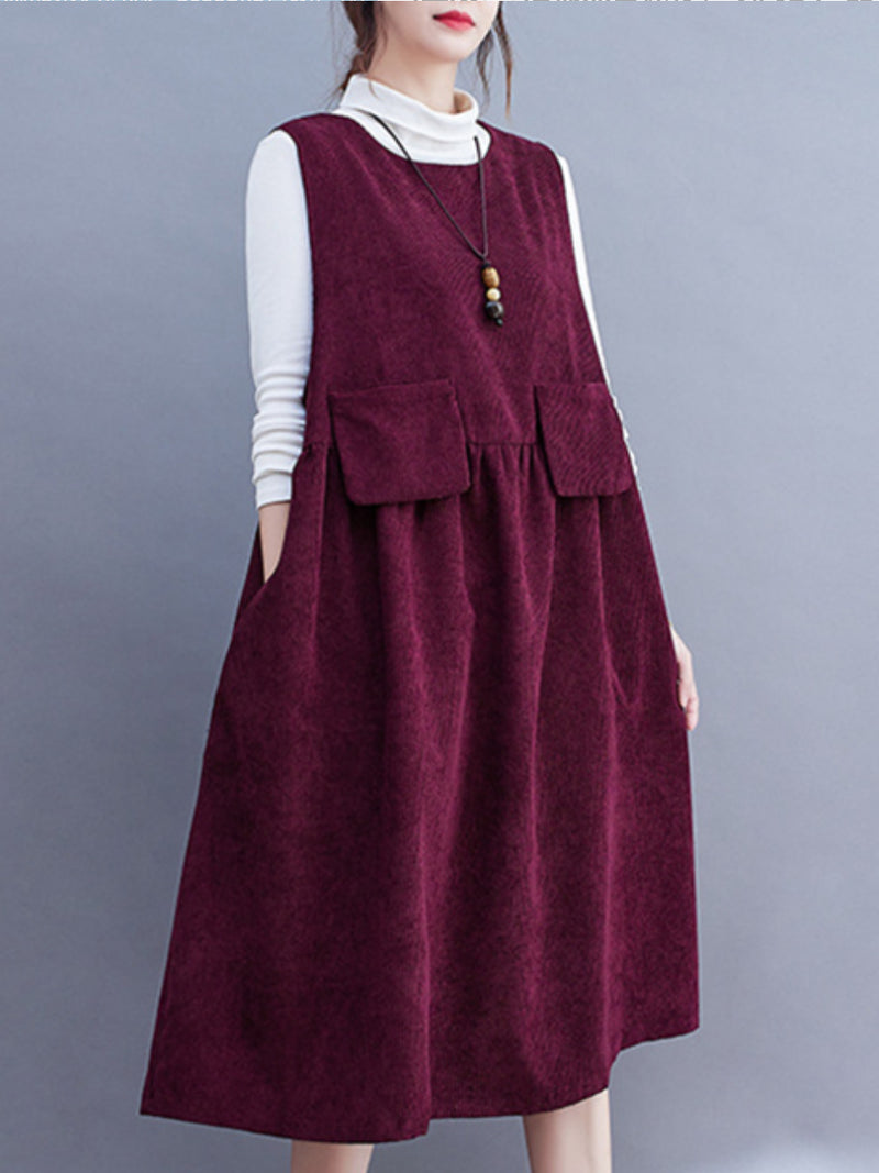 Artistic Retro Loose Sleeveless Color Round-neck Midi Dresses