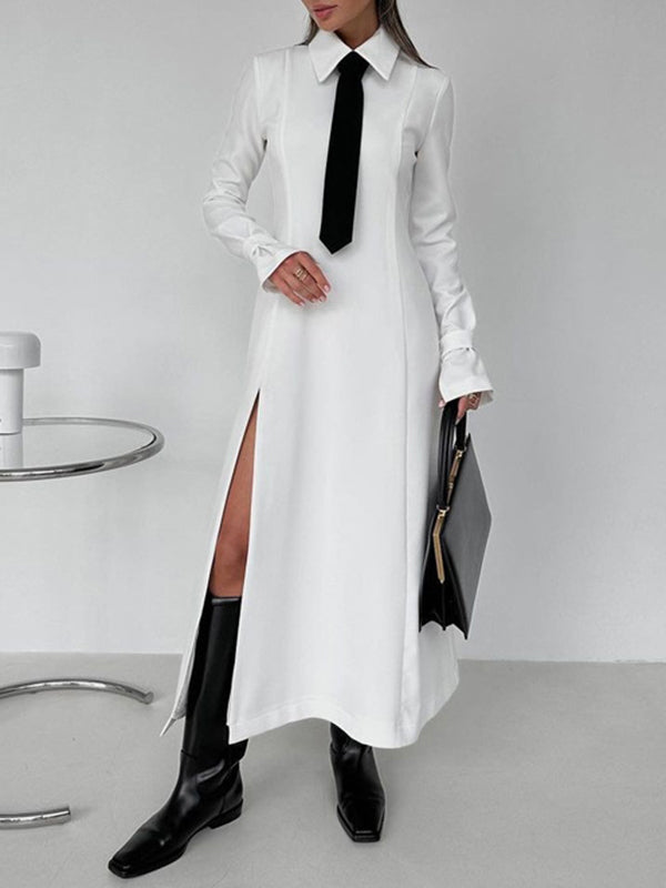 A-line Flared Sleeves Buttoned Color Split-joint Split-side Lapel Maxi Dresses Shirt Dress