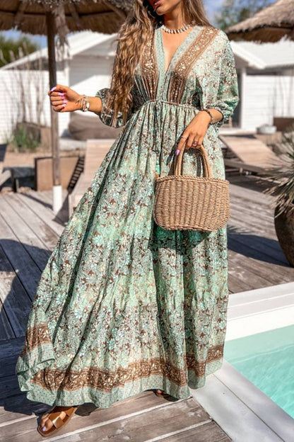 Green Print Backless Drawstring High Waist Maxi Dress